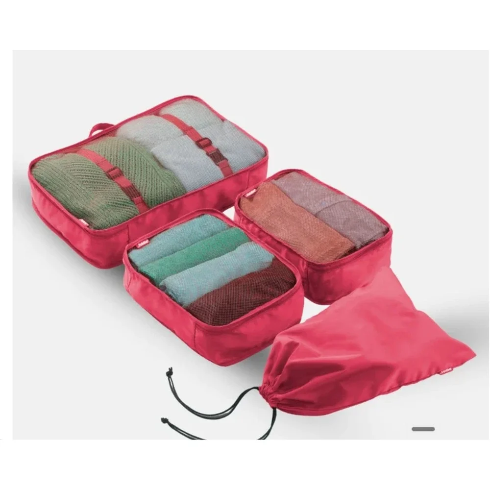The Foldie Hot Pink Travel Tote Weekender Bag Packing Cubes Carry On Luggage Set
